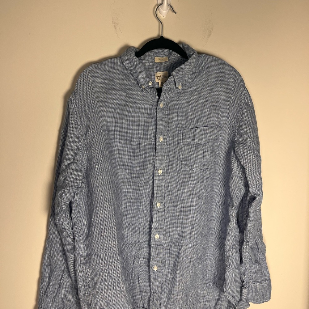 J. Crew Irish linen men’s Blue and white houndstooth Button-Up Shirt size XL